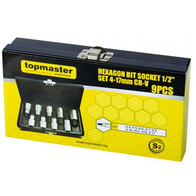 Комплект шестостенни вложки TopMaster, HEX, 1/2", 4-17mm, 9 броя - Специализирани ръчни инструменти