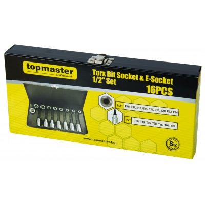 Комплект вложки TopMaster, E-Torx, 1/2", 16 броя - Специализирани ръчни инструменти