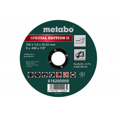 Диск за метал METABO A60T BF41, 125 х 1.0 х 22.2 mm - Консумативи за шлайфащи машини
