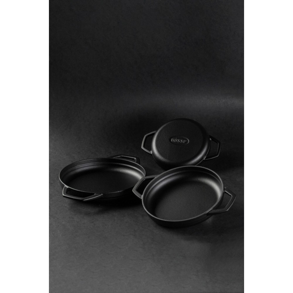 Емайлиран Чугунен Тиган с Две Дръжки Hosse, Black Onyx, Ф22см | Плосък Чугунен Тиган | Чугунен тиган |
