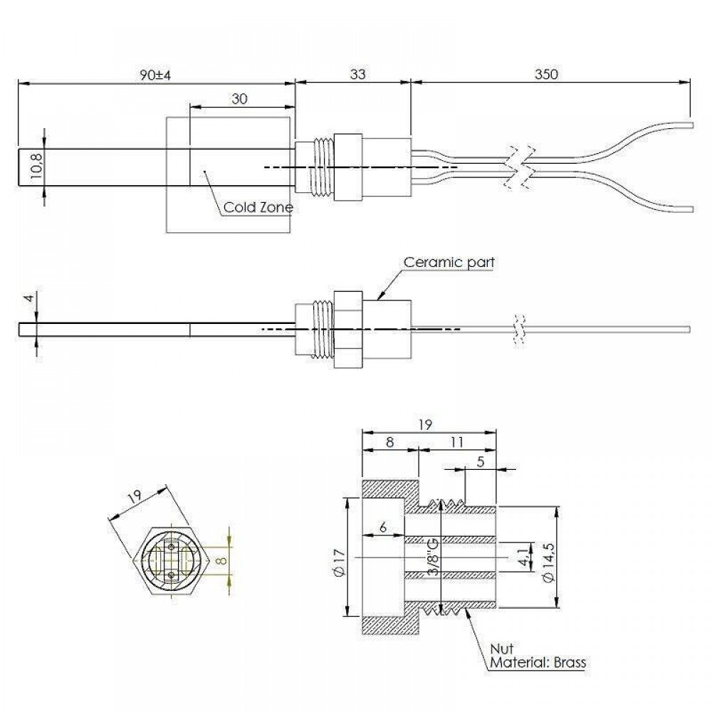 Нисковолтова запалка / нагревател за пелетна камина, Дължина 123mm, 120W, 24V | Запалки / Нагреватели | Части за пелетни камини |