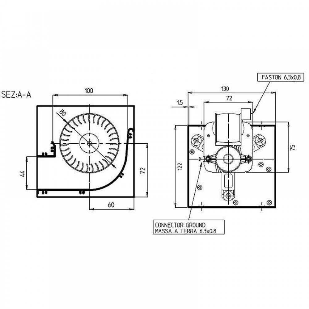 Тангенциален вентилатор за пелетна камина, Ø80mm, Дебит 250m³/h Ляв мотор | Вентилатори | Части за пелетни камини |