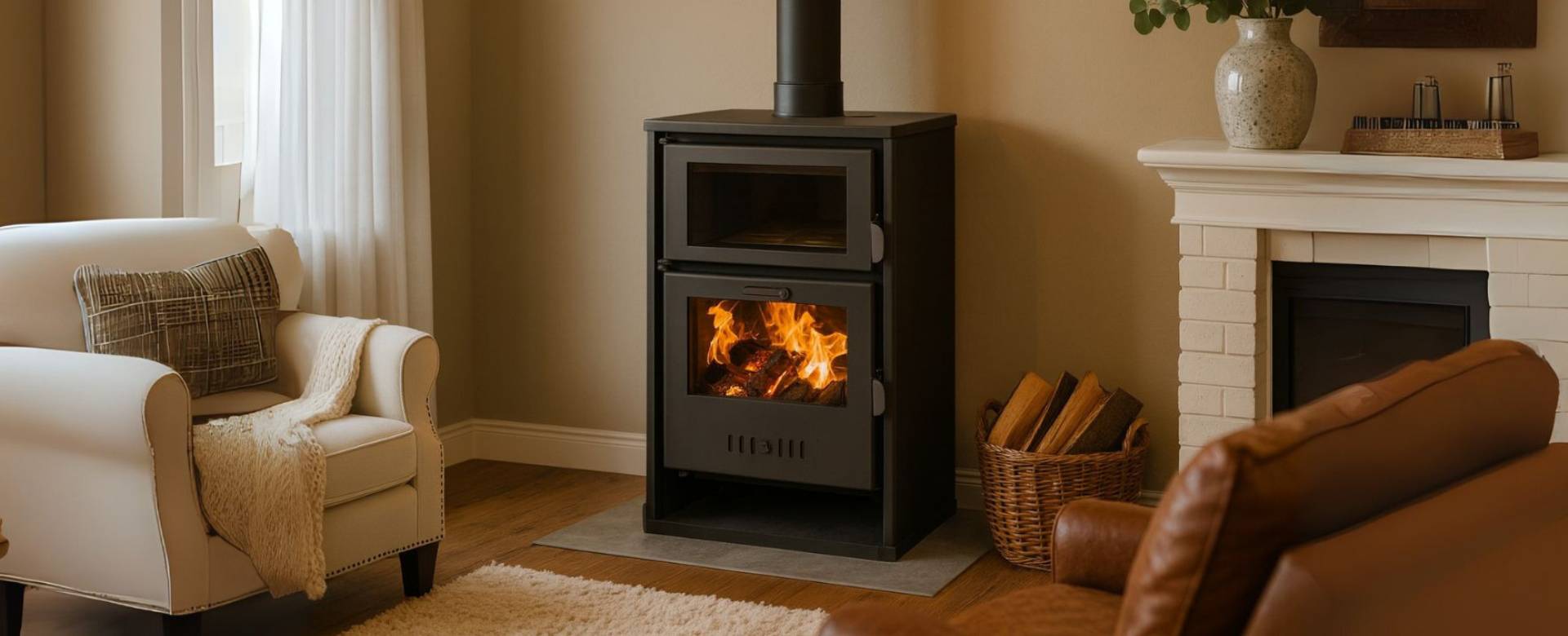 Wood-burning fireplace with oven and water jacket