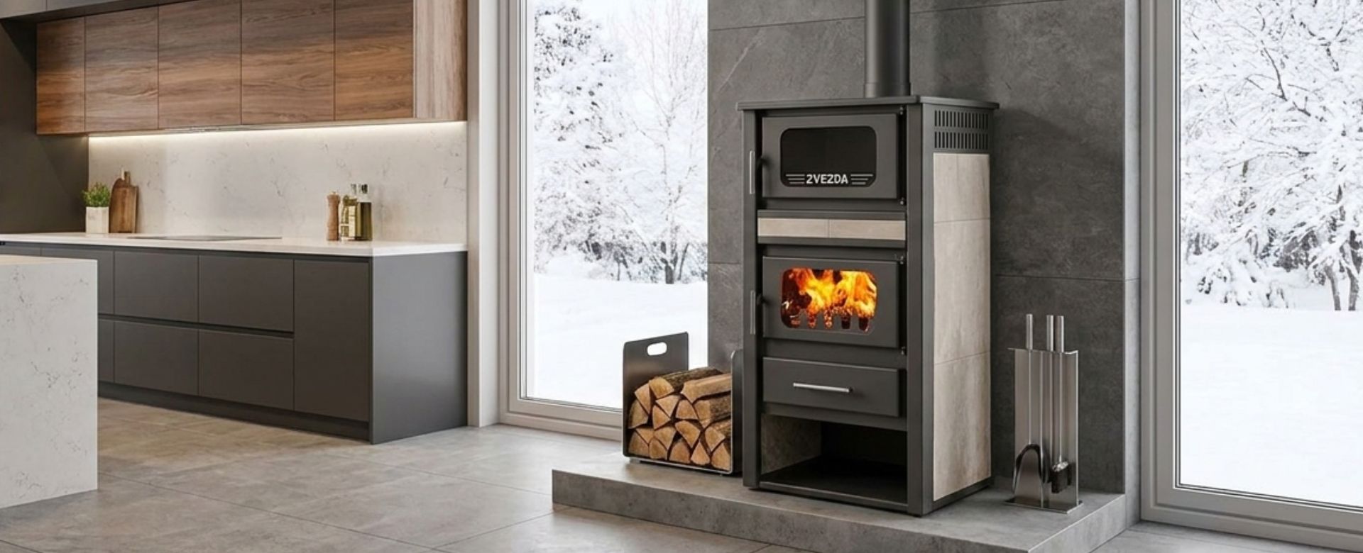 Stufa a legna con forno e vano portalegna