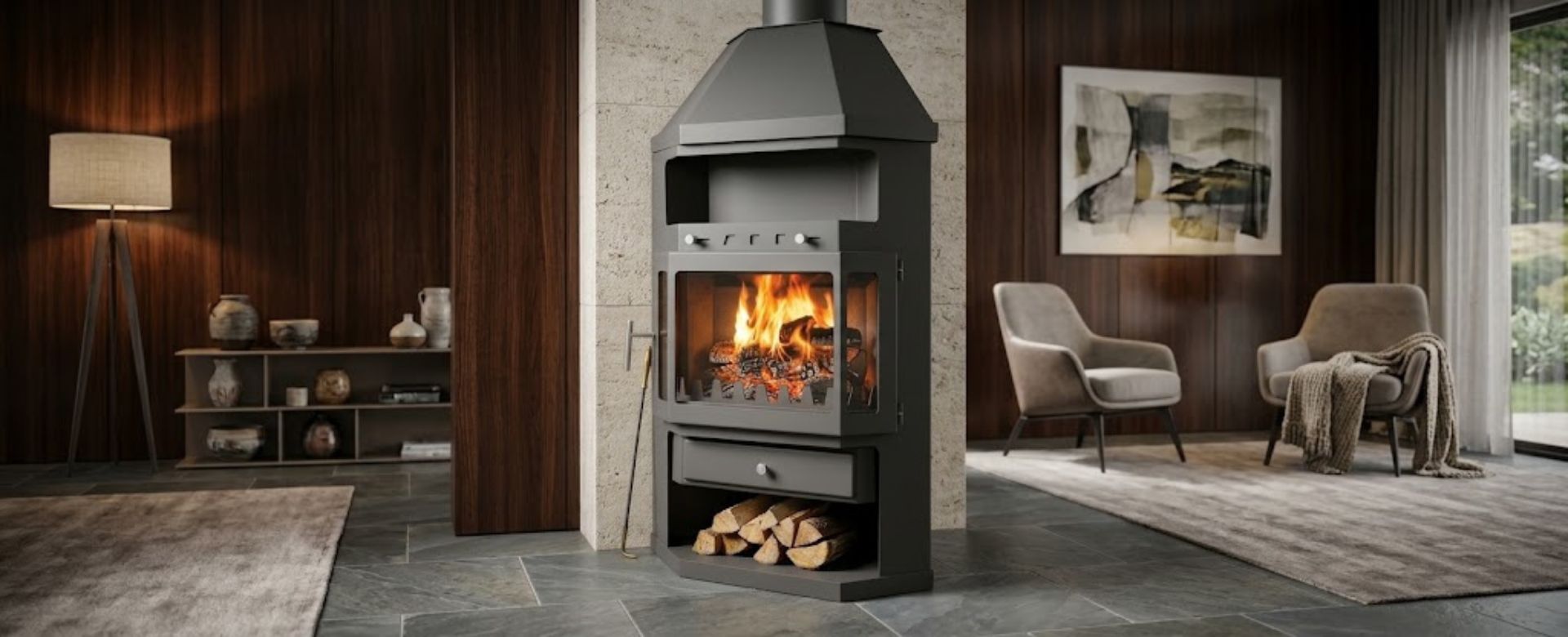 Wood burning stove with niche