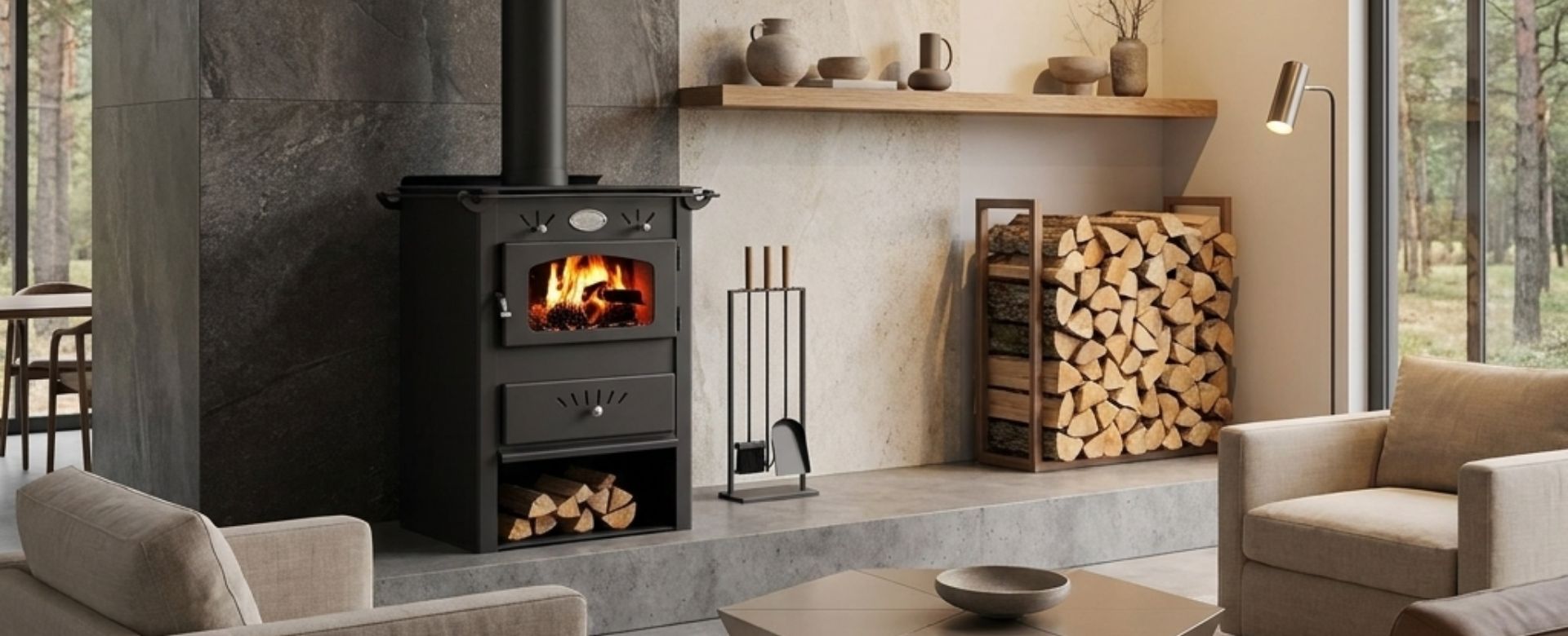 Wood burning stove with niche